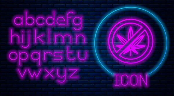 Ragyogó neon Stop marihuána vagy cannabis levél ikon elszigetelt téglafal háttér. Nem szívok marihuánát. Kenderszimbólum. Neonfény ábécé. Vektorillusztráció — Stock Vector