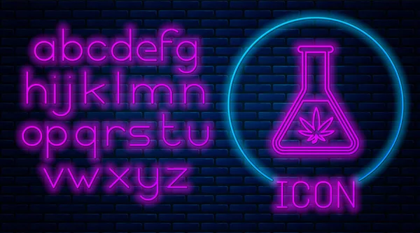 Glowing neon Chemical test tube with marijuana or cannabis leaf icon isolated on brick wall background. Research concept. Laboratory CBD oil concept. Neon light alphabet. Vector Illustration — Stock Vector