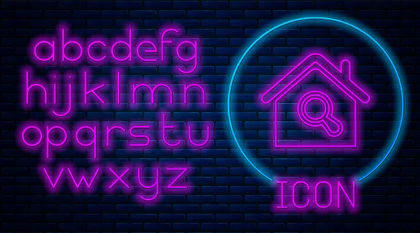 Gloeiende neon Search house icoon geïsoleerd op bakstenen muur achtergrond. Onroerend goed symbool van een huis onder vergrootglas. Neon licht alfabet. Vector Illustratie — Stockvector