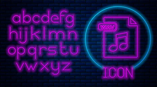 Glowing neon WAV file document. Download wav button icon isolated on brick wall background. WAV waveform audio file format for digital audio riff files. Neon light alphabet. Vector Illustration — Stock Vector