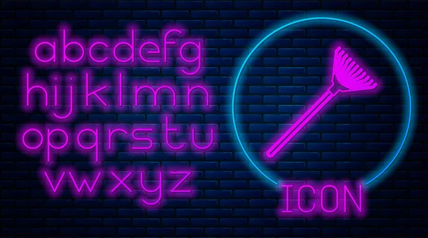 Duvarda izole edilmiş yaprak simgesi için parlayan neon bahçe tırmığı. Bahçecilik, tarım, çiftçilik aleti. Toprak işçisi. Neon ışıklı alfabe. Vektör İllüstrasyonu — Stok Vektör