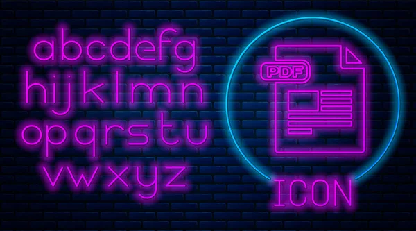 Leuchtende Neon pdf-Datei Dokument. herunterladen pdf-Taste Symbol isoliert auf Ziegelwand Hintergrund. pdf-Dateisymbol. Neonlicht-Alphabet. Vektorillustration — Stockvektor