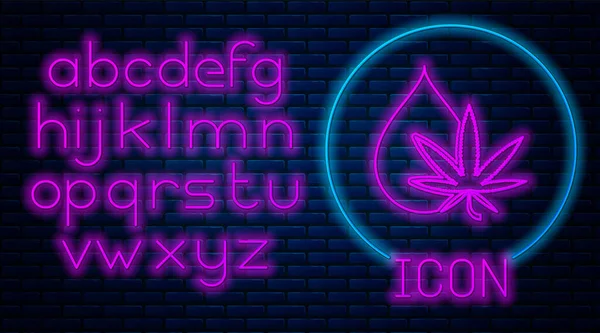 Glowing neon Medical marijuana or cannabis leaf olive oil drop icon isolated on brick wall background. Cannabis extract. Hemp symbol. Neon light alphabet. Vector Illustration — Stock Vector