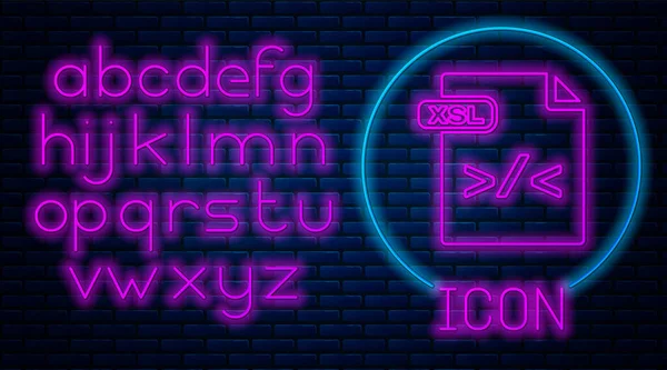 Glödande Neon XSL arkivera dokument. Hämta XSL-knappikonen isolerad på tegelvägg bakgrund. Excel-filsymbol. Neonljus alfabetet. Vektor illustration — Stock vektor