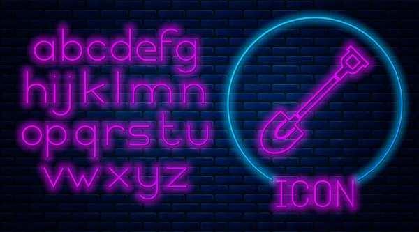 Gloeiende neon Tuin schop pictogram geïsoleerd op baksteen muur achtergrond. Tuingereedschap. Gereedschap voor tuinbouw, landbouw, landbouw. Neon licht alfabet. Vector Illustratie — Stockvector