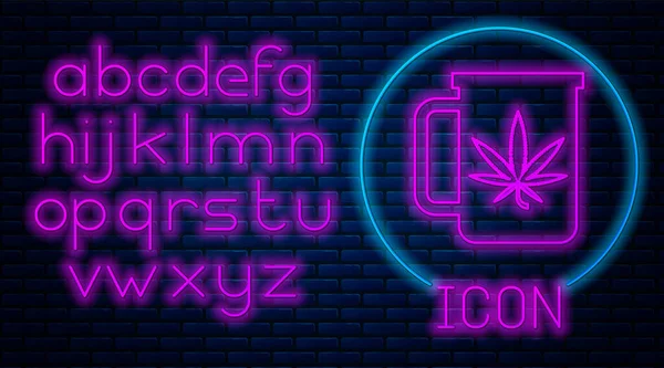 Glowing neon Cup tea with marijuana or cannabis leaf icon isolated on brick wall background. Marijuana legalization. Hemp symbol. Neon light alphabet. Vector Illustration — Stock Vector