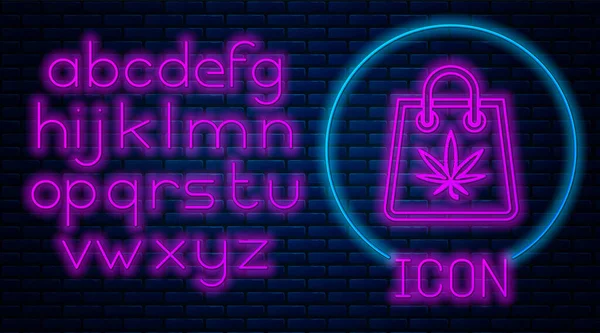 Gloeiende neon Shopping papieren zak met medicinale marihuana of cannabis blad pictogram geïsoleerd op baksteen muur achtergrond. Wiet kopen. Hennep symbool. Neon licht alfabet. Vector Illustratie — Stockvector