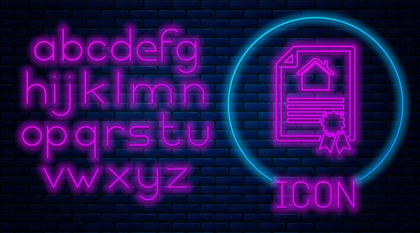 Glowing neon House contract icon isolated on brick wall background. Contract creation service, document formation, application form composition. Neon light alphabet. Vector Illustration — Stock Vector