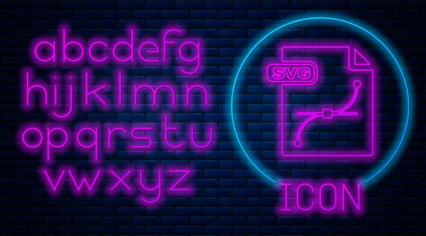 Glödande Neon SVG fil dokument. Ladda ner SVG-knappen ikon isolerad på tegelvägg bakgrund. SVG-filens symbol. Neonljus alfabetet. Vektor illustration — Stock vektor