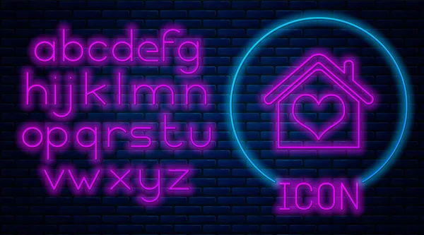 Glowing neon House with heart shape icon isolated on brick wall background. Love home symbol. Family, real estate and realty. Neon light alphabet. Vector Illustration — Stock Vector