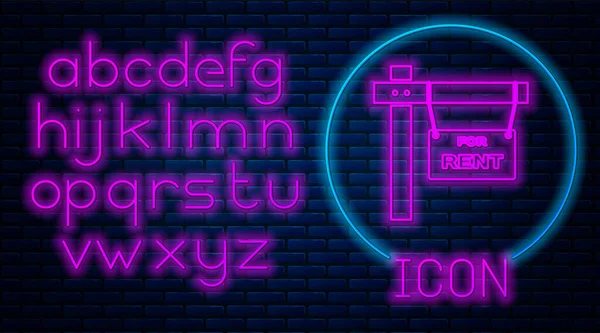 Glowing neon Hanging sign with text For Rent icon isolated on brick wall background. Signboard with text For Rent. Neon light alphabet. Vector Illustration — 스톡 벡터