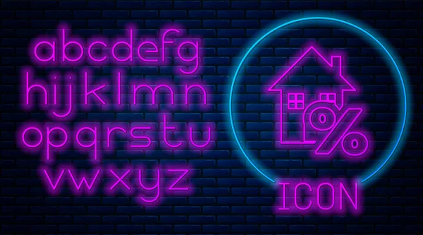 Glowing neon House with percant discount tag icon isolated on brick wall background. House percentage sign price. Real estate home. Credit percentage symbol. Neon light alphabet. Vector Illustration — Διανυσματικό Αρχείο