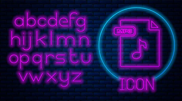 Glowing neon MP3 file document. Download mp3 button icon isolated on brick wall background. Mp3 music format sign. MP3 file symbol. Neon light alphabet. Vector Illustration — Stock Vector