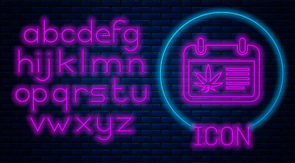 Glowing neon Kalender dan ganja atau cannabis ikon daun terisolasi di dinding bata latar belakang. Hari ganja nasional. Simbol Hemp. Alfabet cahaya neon. Ilustrasi Vektor - Stok Vektor