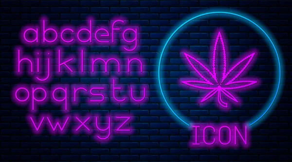 发光的霓虹灯医用大麻或大麻叶图标隔离在砖墙背景。大麻的符号。霓虹灯光标。病媒图解 — 图库矢量图片