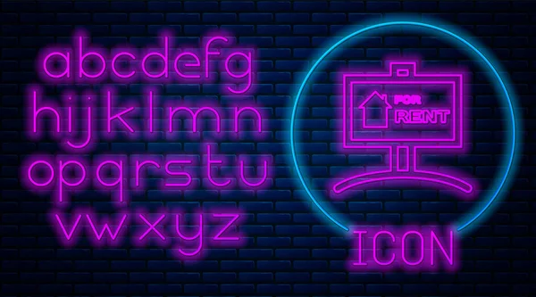 Glowing neon Hanging sign with text For Rent icon isolated on brick wall background. Signboard with text For Rent. Neon light alphabet. Vector Illustration — ストックベクタ