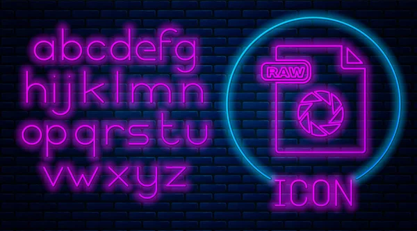 Glödande Neon rå arkivera dokument. Ladda ner RAW-knappen ikon isolerad på tegelvägg bakgrund. RAW-filsymbol. Neonljus alfabetet. Vektor illustration — Stock vektor