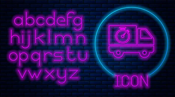 Glowing neon Logistics delivery truck and stopwatch icon isolated on brick wall background. Delivery time icon. Neon light alphabet. Vector Illustration — Stock Vector