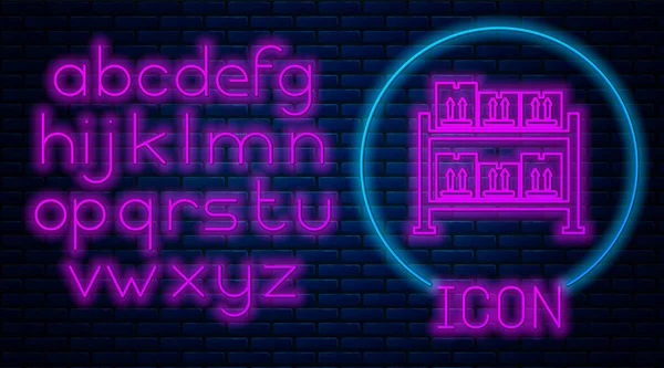 Glödande Neon Warehouse ikon isolerad på tegelvägg bakgrund. Neonljus alfabetet. Vektor illustration — Stock vektor