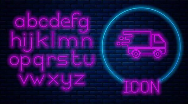 Glowing neon Delivery truck in movement icon isolated on brick wall background. Fast shipping delivery truck. Neon light alphabet. Vector Illustration — Stock Vector