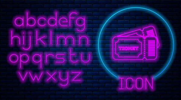 Gloeiende neon Ticket pictogram geïsoleerd op baksteen muur achtergrond. Neon licht alfabet. Vector Illustratie — Stockvector