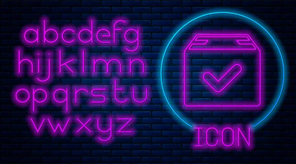 Leuchtende neon Paket-Box mit Häkchen-Symbol isoliert auf Backsteinwand Hintergrund. Paketkasten mit Häkchen. genehmigte Lieferung oder erfolgreicher Paketempfang. Neonlicht-Alphabet. Vektorillustration — Stockvektor