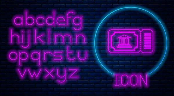 Leuchtende Neon-Museumsticket-Ikone isoliert auf Backsteinwand Hintergrund. Eintrittskarten für das Historische Museum ermöglichen einen Ausstellungsausflug. Neonlicht-Alphabet. Vektorillustration — Stockvektor