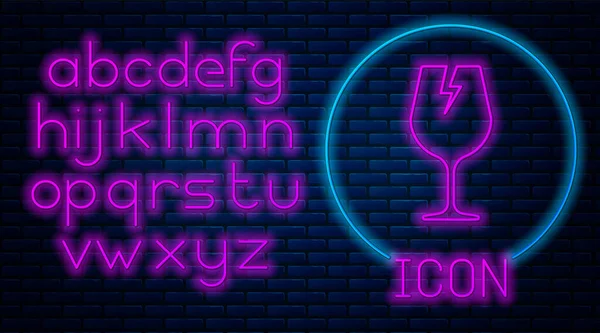 Ragyogó neon Törékeny üveg szimbólum szállítási dobozok ikon elszigetelt téglafal háttér. Neonfény ábécé. Vektorillusztráció — Stock Vector