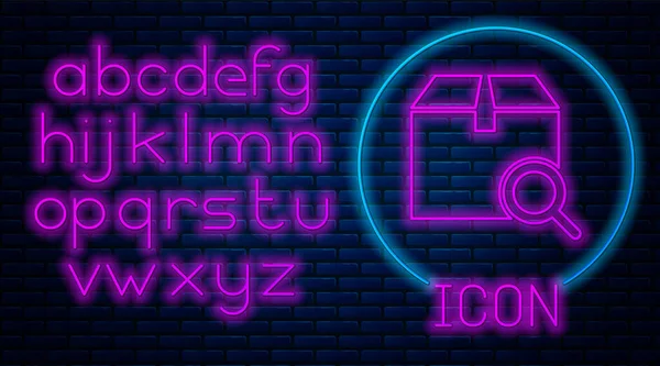 Zářící neon Hledat balíček ikona izolované na pozadí cihlové zdi. Symbol sledování balíků. Lupa a lepenková krabice. Logistické a doručovací. Neonová světlá abeceda. Vektorová ilustrace — Stockový vektor