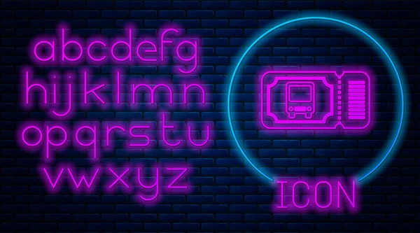 Glowing neon Bus ticket icon isolated on brick wall background. Public transport ticket. Neon light alphabet. Vector Illustration — Stock Vector