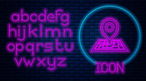ネオンを輝くレンガの壁の背景に隔離されたパースペクティブアイコンの地図用紙の上のプレースホルダ。ネオンライトアルファベットベクターイラスト — ストックベクタ