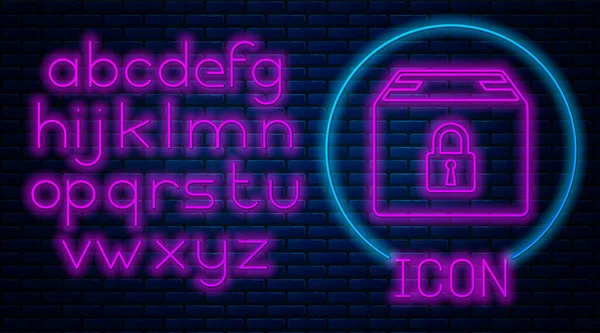 Glowing neon Locked package icon isolated on brick wall background. Lock and cardboard box. Neon light alphabet. Vector Illustration — Stock Vector