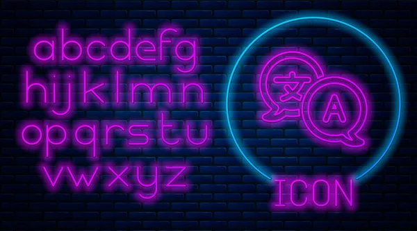 Gloeiende neon Translator pictogram geïsoleerd op baksteen muur achtergrond. Vreemde taal conversatie pictogrammen in chat spraak zeepbel. Vertaal concept. Neon licht alfabet. Vector Illustratie — Stockvector