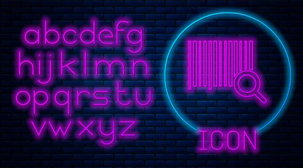 Gloeiende neon Zoek barcode pictogram geïsoleerd op baksteen muur achtergrond. Vergrootglas zoeken barcode. Barcode label sticker. Onderzoek barcode. Neon licht alfabet. Vector Illustratie — Stockvector