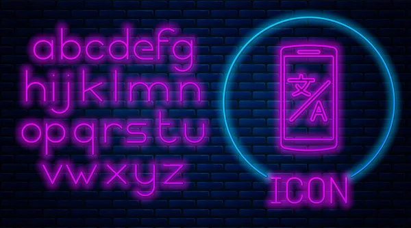 Leuchtende Neon Online-Übersetzer-Symbol isoliert auf Backsteinwand Hintergrund. fremdsprachige Gesprächssymbole in Chat-Sprechblase. Übersetzungskonzept. Neonlicht-Alphabet. Vektorillustration — Stockvektor