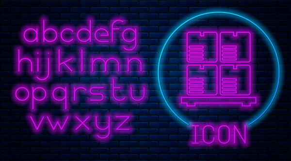 Leuchtende Neonpappkartons auf Palettensymbol isoliert auf Backsteinwand Hintergrund. geschlossener Karton mit zerbrechlichen Schildern. Neonlicht-Alphabet. Vektorillustration — Stockvektor