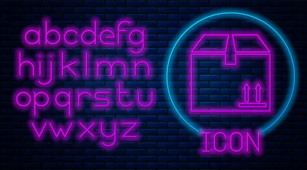 Leuchtender neonfarbener Karton mit Verkehrssymbolsymbol isoliert auf Ziegelwand-Hintergrund. Box, Paket, Paketschild. Lieferung, Transport und Versand. Neonlicht-Alphabet. Vektorillustration — Stockvektor