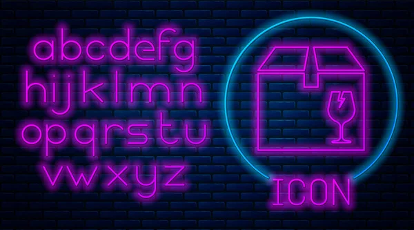 Glödande neon Leverans förpackning låda med bräckligt innehåll symbol för brutet glas ikon isolerad på tegel vägg bakgrund. Lådan, paketet, paketskylten. Neonljus alfabet. Vektor Illustration — Stock vektor