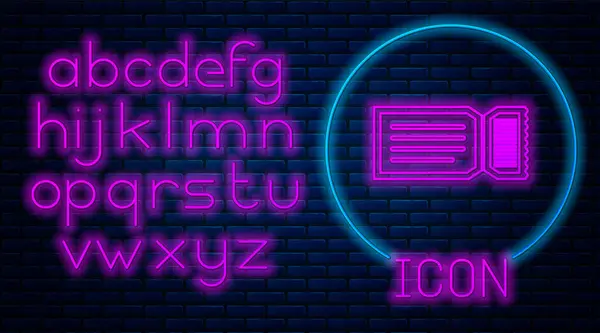 Glowing neon Ticket icon isolated on brick wall background. Neon light alphabet. Vector Illustration — Stock Vector