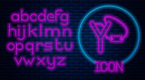 Leuchtende Neon-Schleuder-Symbol isoliert auf Backsteinwand Hintergrund. Neonlicht-Alphabet. Vektorillustration — Stockvektor