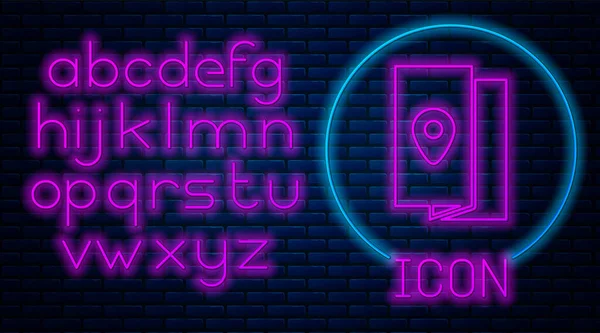 Leuchtende Leuchtschrift Reiseführer Ikone isoliert auf Backsteinwand Hintergrund. Neonlicht-Alphabet. Vektorillustration — Stockvektor