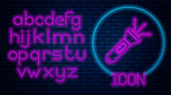 Leuchtende Neon Taschenlampe Symbol isoliert auf Backsteinwand Hintergrund. Neonlicht-Alphabet. Vektorillustration — Stockvektor