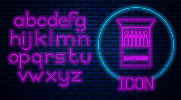 Gloeiende neon Open luciferdoosje en lucifers pictogram geïsoleerd op bakstenen muur achtergrond. Neon licht alfabet. Vector Illustratie — Stockvector