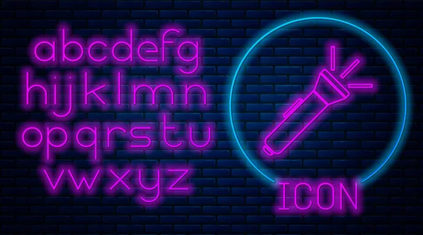 Gloeiende neon zaklamp pictogram geïsoleerd op baksteen muur achtergrond. Neon licht alfabet. Vector Illustratie — Stockvector