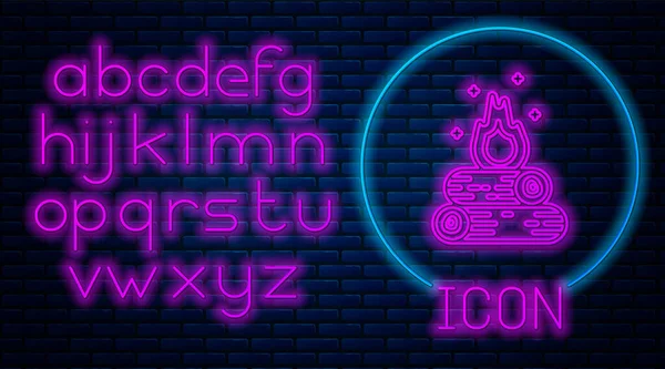 Leuchtende Leuchtfeuer Ikone isoliert auf Backsteinwand Hintergrund. Lagerfeuer mit Holz brennen. Neonlicht-Alphabet. Vektorillustration — Stockvektor