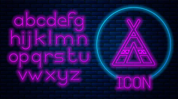 Izzó neon Turisztikai sátor ikon elszigetelt téglafal háttér. Kempingszimbólum. Neonfény ábécé. Vektorillusztráció — Stock Vector