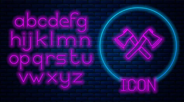 Gloeiende neon Gekruiste houten bijl pictogram geïsoleerd op bakstenen muur achtergrond. Een houthakkerbijl. Neon licht alfabet. Vector Illustratie — Stockvector