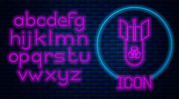 Glowing neon Biohazard bomb icon isolated on brick wall background. Rocket bomb flies down. Neon light alphabet. Vector Illustration — Stock Vector