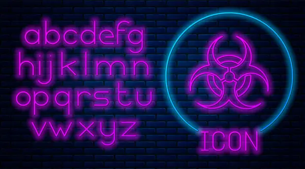 Glödande neon Biohazard symbol ikon isolerad på tegel vägg bakgrund. Neonljus alfabet. Vektor Illustration — Stock vektor
