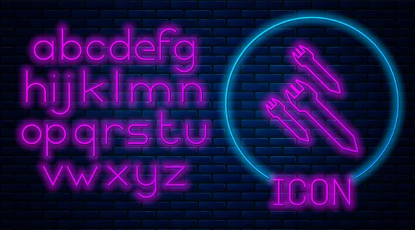 Glödande neon raket ikon isolerad på tegel vägg bakgrund. Neonljus alfabet. Vektor Illustration — Stock vektor